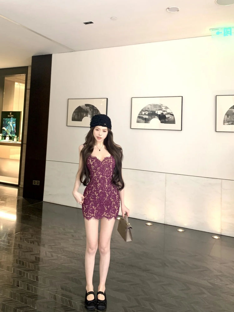 New Tendency Spaghetti Strap Lace Splicing Mini Skirt Classical Bodycon Birthday Party Short Dress AP4069