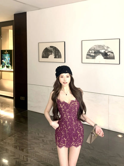 New Tendency Spaghetti Strap Lace Splicing Mini Skirt Classical Bodycon Birthday Party Short Dress AP4069