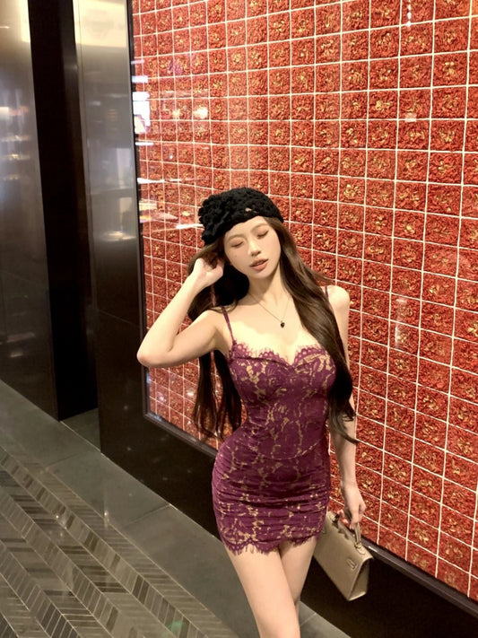 New Tendency Spaghetti Strap Lace Splicing Mini Skirt Classical Bodycon Birthday Party Short Dress AP4069