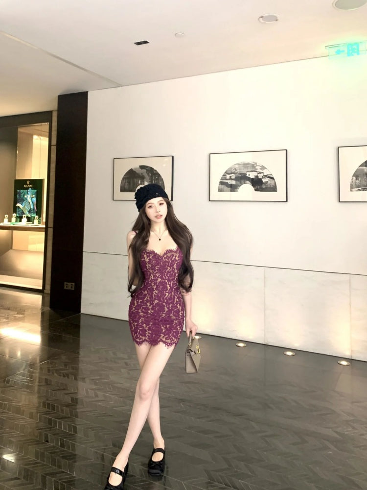 New Tendency Spaghetti Strap Lace Splicing Mini Skirt Classical Bodycon Birthday Party Short Dress AP4069