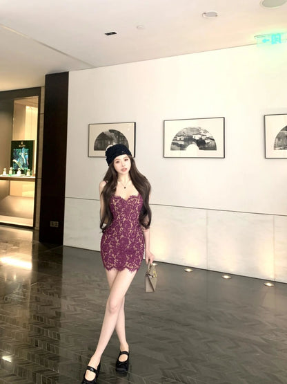 New Tendency Spaghetti Strap Lace Splicing Mini Skirt Classical Bodycon Birthday Party Short Dress AP4069