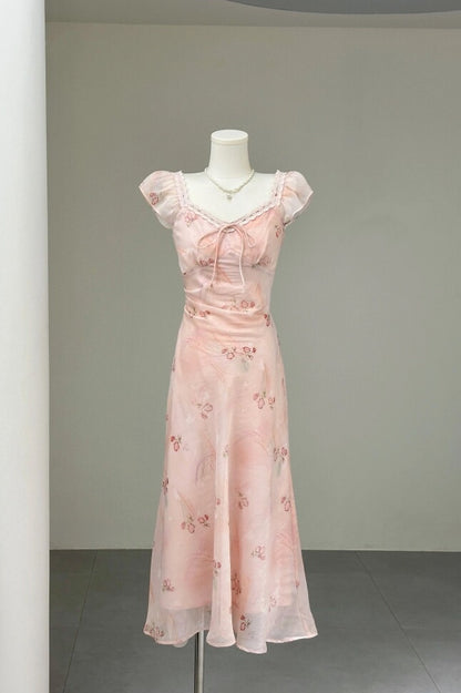 Fairy Short Sleeve A-Line Pink Floral Maxi Skirt Romantic Lace Trim Double Layers V Neck Long Dress AP4070
