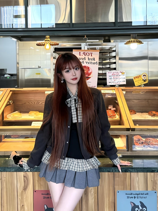 Everyday Wear Jewel Neck 3-Piece Set Mini Skirt Chic Plaid Ruffles Hem Long Sleeve A-Line Short Dress AP4071