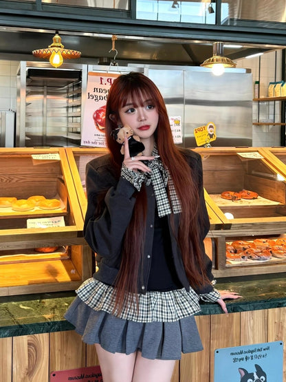 Everyday Wear Jewel Neck 3-Piece Set Mini Skirt Chic Plaid Ruffles Hem Long Sleeve A-Line Short Dress AP4071