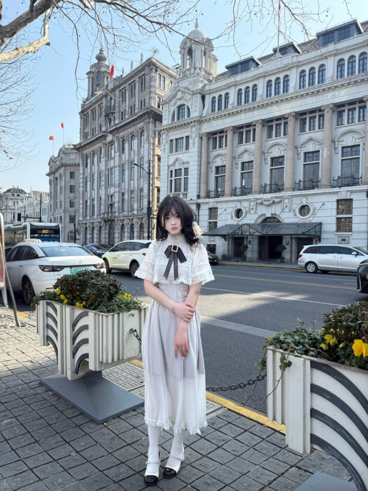 Lovely A-Line Short Sleeve Bow Maxi Skirt Elegant High Collar Ruffles Hem Long Dress AP4072