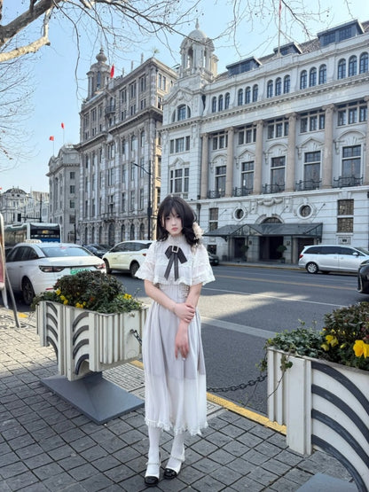 Lovely A-Line Short Sleeve Bow Maxi Skirt Elegant High Collar Ruffles Hem Long Dress AP4072