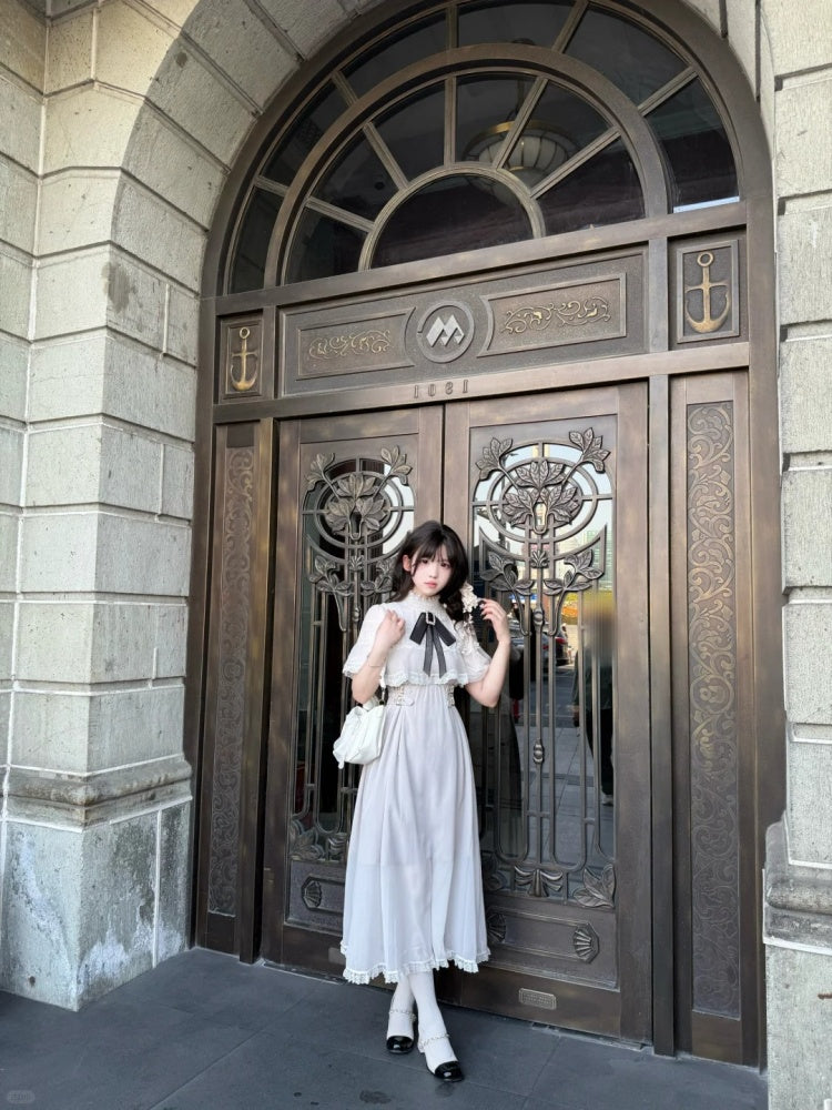 Lovely A-Line Short Sleeve Bow Maxi Skirt Elegant High Collar Ruffles Hem Long Dress AP4072