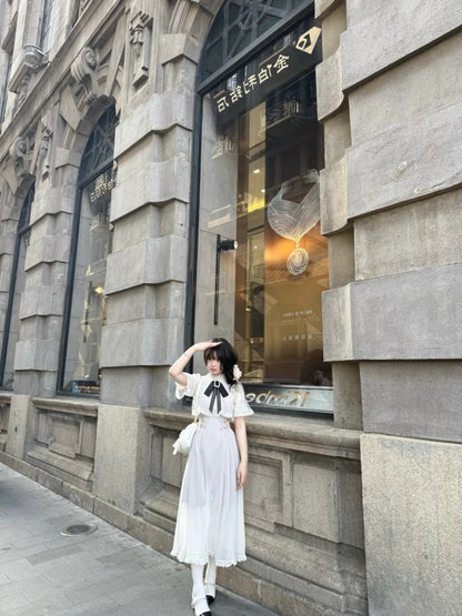 Lovely A-Line Short Sleeve Bow Maxi Skirt Elegant High Collar Ruffles Hem Long Dress AP4072