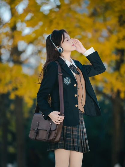 Refined Lapel Neck 4-Piece Set Mini Skirt Vibrant Long Sleeve Plaid Uniform A-Line Short Dress AP4073