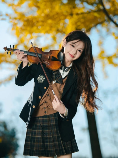 Refined Lapel Neck 4-Piece Set Mini Skirt Vibrant Long Sleeve Plaid Uniform A-Line Short Dress AP4073