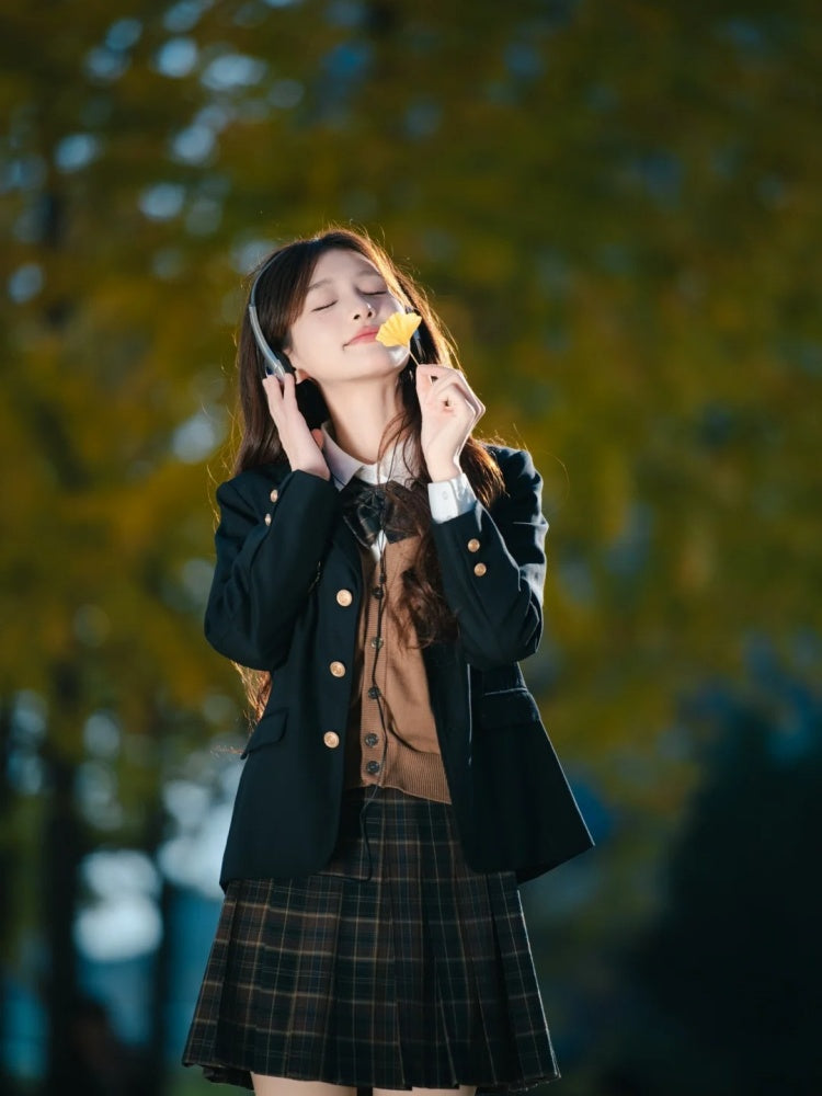 Refined Lapel Neck 4-Piece Set Mini Skirt Vibrant Long Sleeve Plaid Uniform A-Line Short Dress AP4073