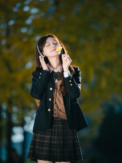 Refined Lapel Neck 4-Piece Set Mini Skirt Vibrant Long Sleeve Plaid Uniform A-Line Short Dress AP4073