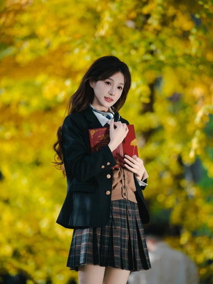 Refined Lapel Neck 4-Piece Set Mini Skirt Vibrant Long Sleeve Plaid Uniform A-Line Short Dress AP4073