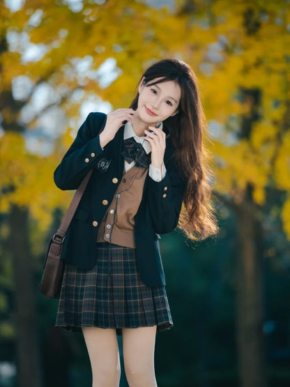 Refined Lapel Neck 4-Piece Set Mini Skirt Vibrant Long Sleeve Plaid Uniform A-Line Short Dress AP4073