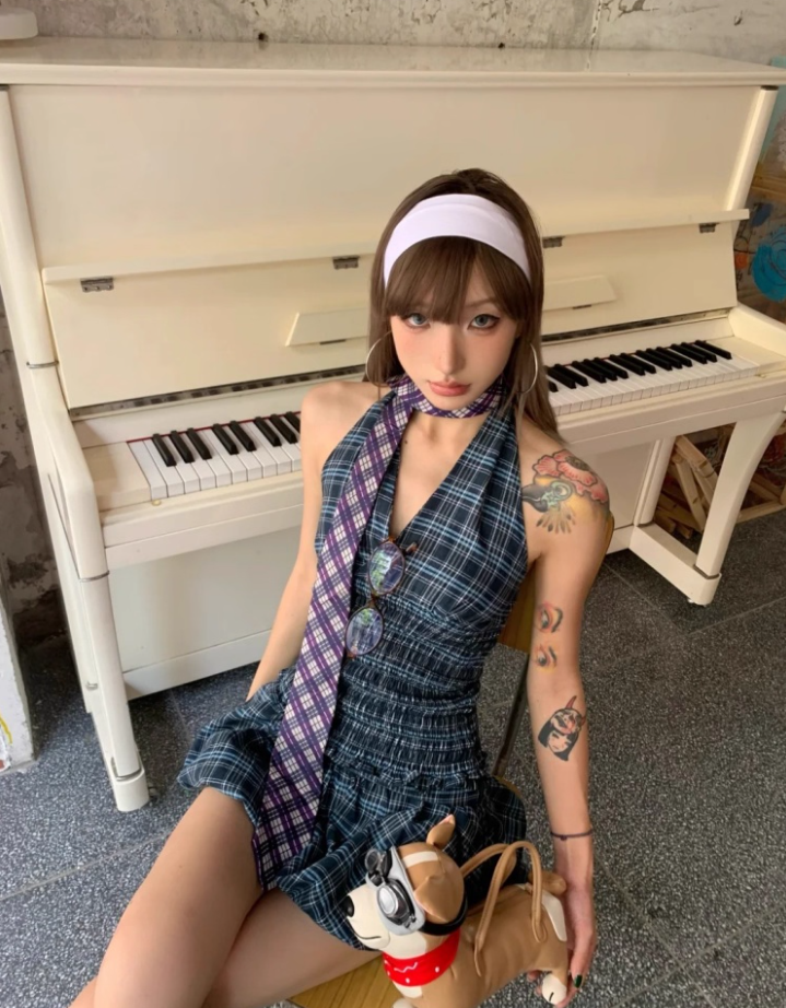 Boho-Inspired A-Line Plaid 2-Piece Set Mini Skirt Hottie Cinched-Waist Bodice Halter Short Dress AP4074