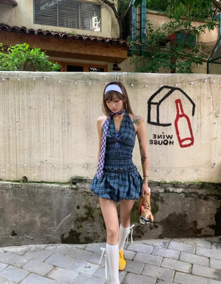 Boho-Inspired A-Line Plaid 2-Piece Set Mini Skirt Hottie Cinched-Waist Bodice Halter Short Dress AP4074