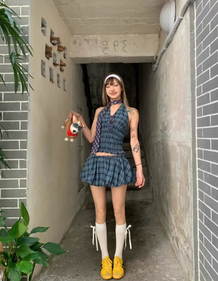 Boho-Inspired A-Line Plaid 2-Piece Set Mini Skirt Hottie Cinched-Waist Bodice Halter Short Dress AP4074