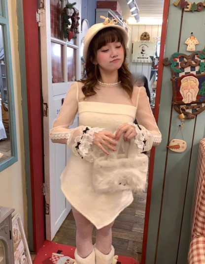 Exquisite Long Sleeve Sheer Tulle Lace Splicing Sheath Mini Skirt Romantic Jewel Neck Asymmetric Hem Short Dress AP4075