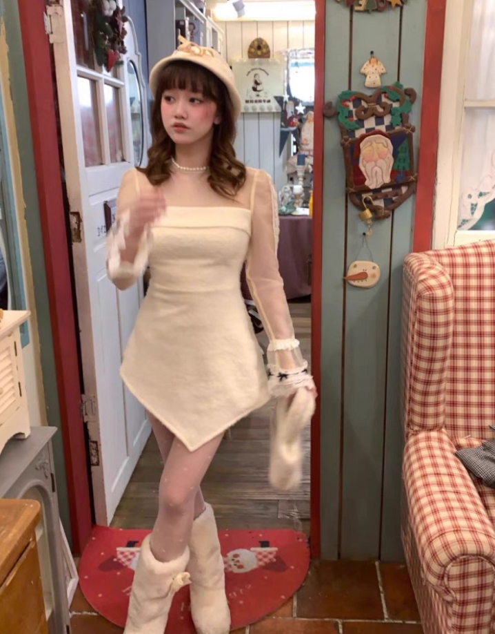 Exquisite Long Sleeve Sheer Tulle Lace Splicing Sheath Mini Skirt Romantic Jewel Neck Asymmetric Hem Short Dress AP4075