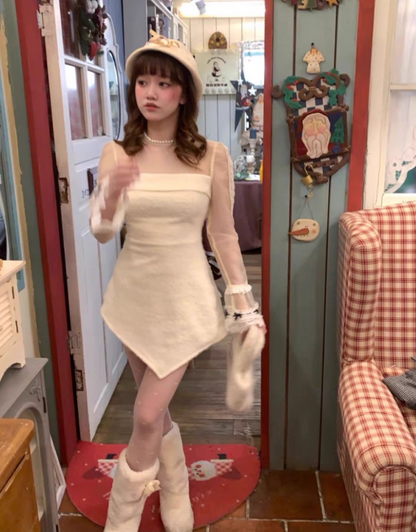 Exquisite Long Sleeve Sheer Tulle Lace Splicing Sheath Mini Skirt Romantic Jewel Neck Asymmetric Hem Short Dress AP4075