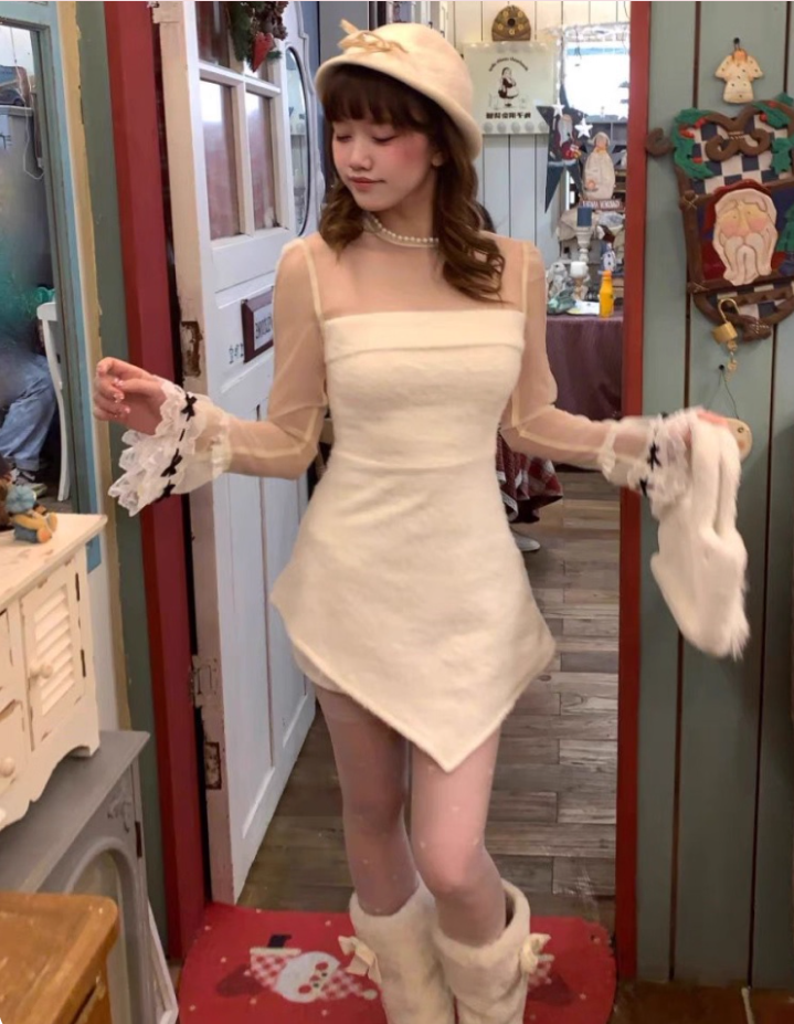 Exquisite Long Sleeve Sheer Tulle Lace Splicing Sheath Mini Skirt Romantic Jewel Neck Asymmetric Hem Short Dress AP4075