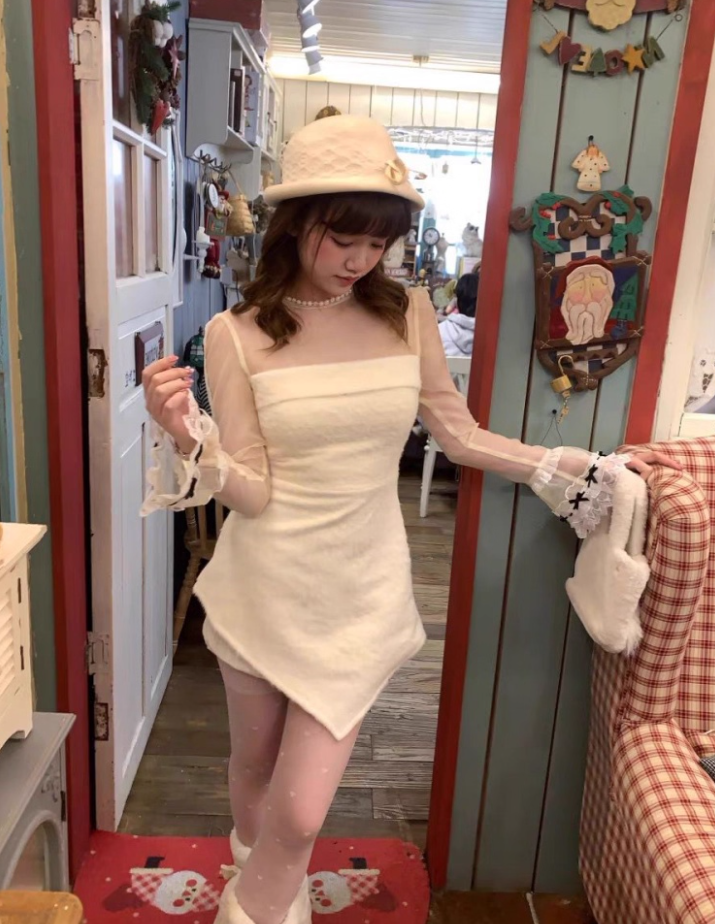 Exquisite Long Sleeve Sheer Tulle Lace Splicing Sheath Mini Skirt Romantic Jewel Neck Asymmetric Hem Short Dress AP4075