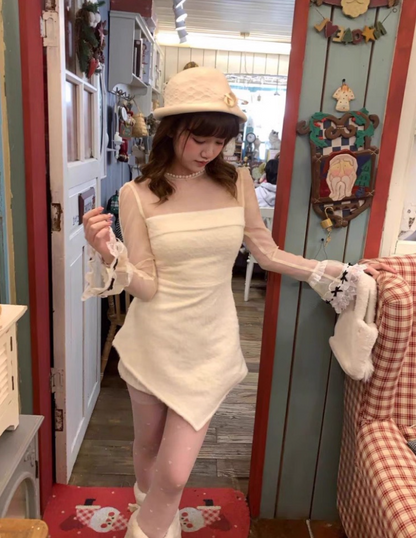 Exquisite Long Sleeve Sheer Tulle Lace Splicing Sheath Mini Skirt Romantic Jewel Neck Asymmetric Hem Short Dress AP4075