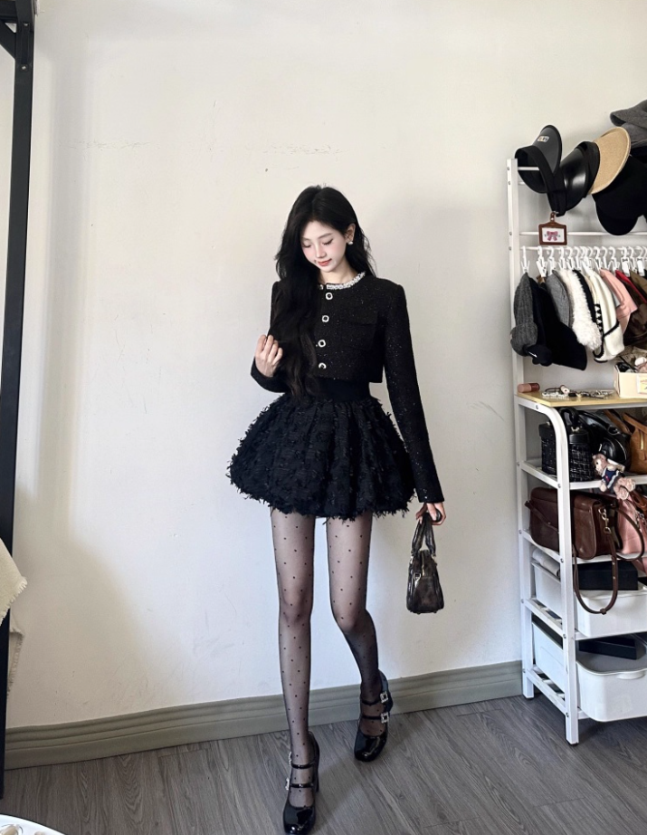 Beautiful 2-Piece Set Jewel Neck Long Sleeve Mini Skirt Alluring Black A-Line Short Dress AP4076