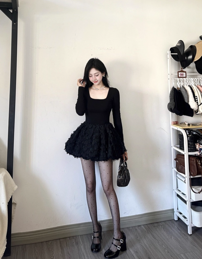 Beautiful 2-Piece Set Jewel Neck Long Sleeve Mini Skirt Alluring Black A-Line Short Dress AP4076