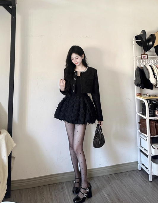 Beautiful 2-Piece Set Jewel Neck Long Sleeve Mini Skirt Alluring Black A-Line Short Dress AP4076