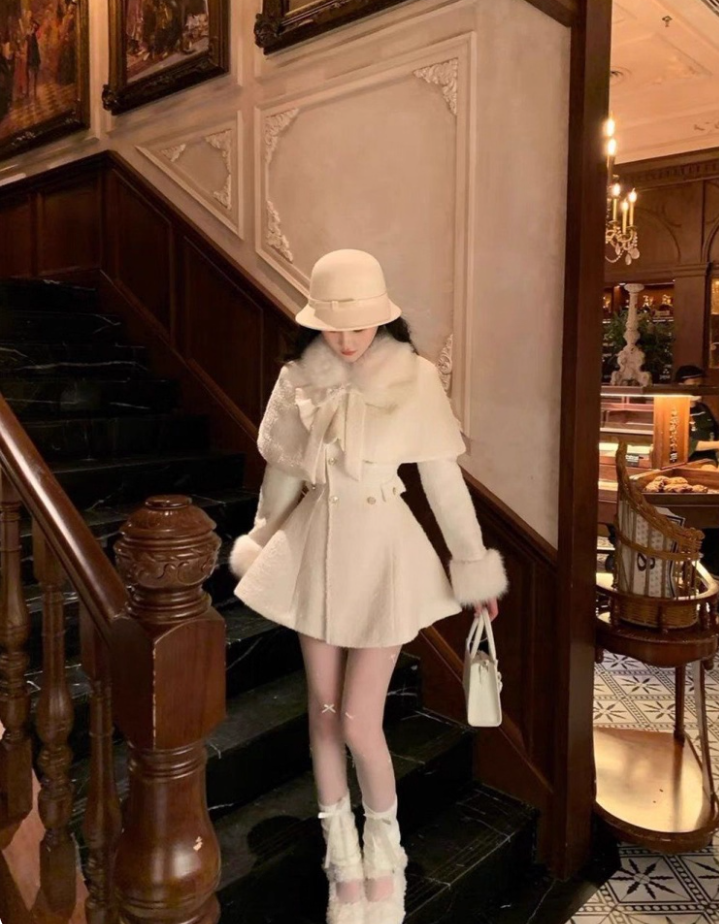 Enchanting Jewel Neck Long Sleeve White Mini Skirt Elegant A-Line Cinched-Waist Fur Trim Short Dress AP4077