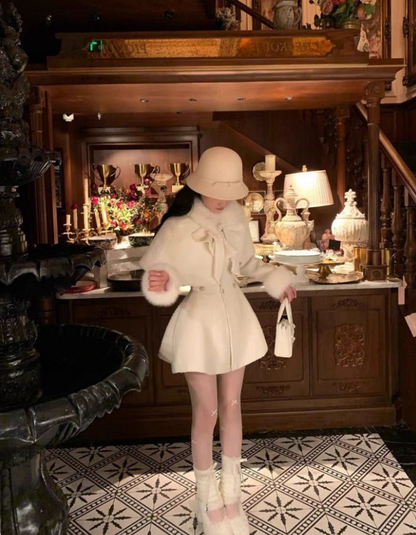 Enchanting Jewel Neck Long Sleeve White Mini Skirt Elegant A-Line Cinched-Waist Fur Trim Short Dress AP4077