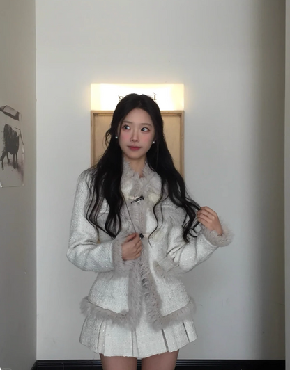 Superb Jewel Neck Long Sleeve 2-Piece Set Mini Skirt Casual A-Line Feather Trim Tweed Short Dress AP4078