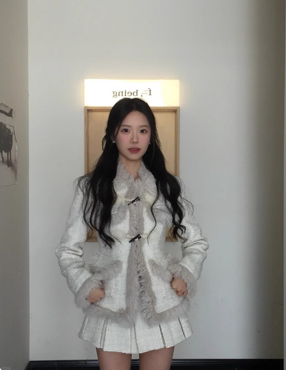 Superb Jewel Neck Long Sleeve 2-Piece Set Mini Skirt Casual A-Line Feather Trim Tweed Short Dress AP4078