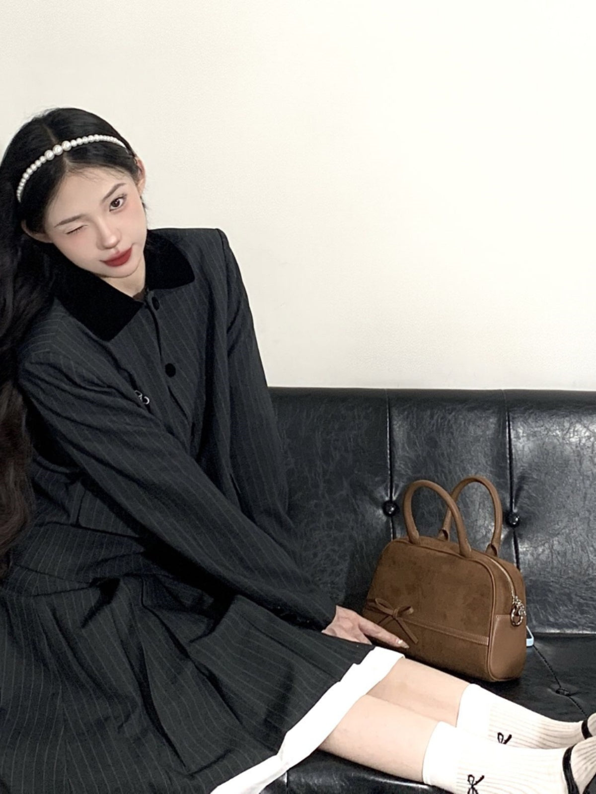 Amazing 2-Piece Set Long Sleeve Midi Dresses Simple Lapel Neck A-Line Stripe Long Dress AP4080