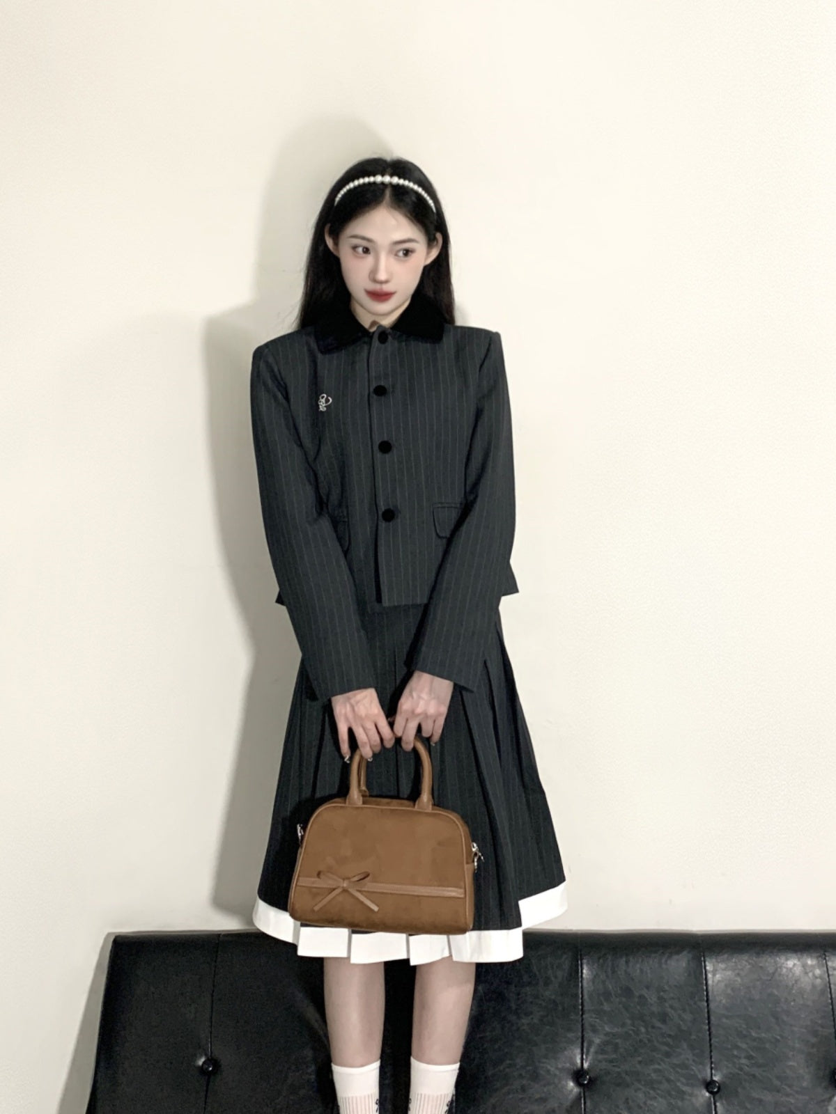 Amazing 2-Piece Set Long Sleeve Midi Dresses Simple Lapel Neck A-Line Stripe Long Dress AP4080