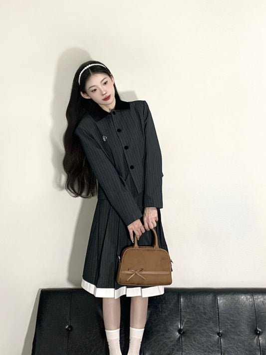 Amazing 2-Piece Set Long Sleeve Midi Dresses Simple Lapel Neck A-Line Stripe Long Dress AP4080