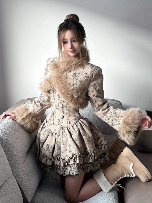 Appealing High Collar Long Sleeve Cinched-Waist Mini Skirt Vintage A-Line Fur Trim 2-Piece Set Short Dress AP4081
