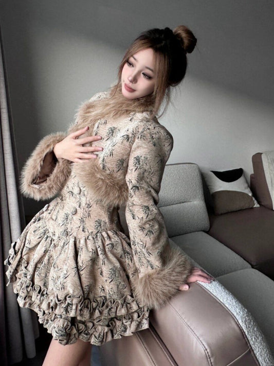 Appealing High Collar Long Sleeve Cinched-Waist Mini Skirt Vintage A-Line Fur Trim 2-Piece Set Short Dress AP4081