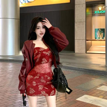Splendid 2-Piece Set Sweetheart Neck Lace Splicing Mini Skirt With Long Sleeve Leather Jacket Sheath Short Dress AP4082