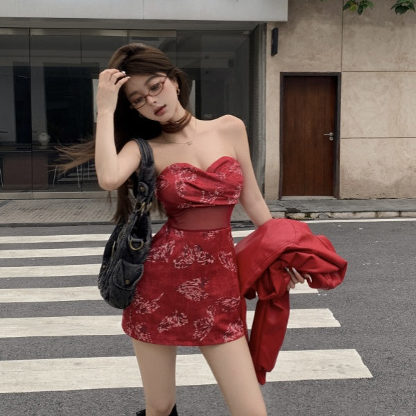 Splendid 2-Piece Set Sweetheart Neck Lace Splicing Mini Skirt With Long Sleeve Leather Jacket Sheath Short Dress AP4082