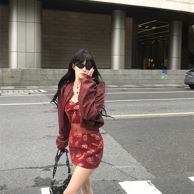 Splendid 2-Piece Set Sweetheart Neck Lace Splicing Mini Skirt With Long Sleeve Leather Jacket Sheath Short Dress AP4082