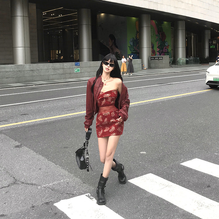 Splendid 2-Piece Set Sweetheart Neck Lace Splicing Mini Skirt With Long Sleeve Leather Jacket Sheath Short Dress AP4082