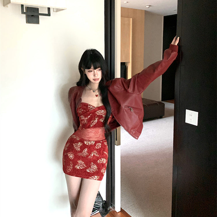 Splendid 2-Piece Set Sweetheart Neck Lace Splicing Mini Skirt With Long Sleeve Leather Jacket Sheath Short Dress AP4082