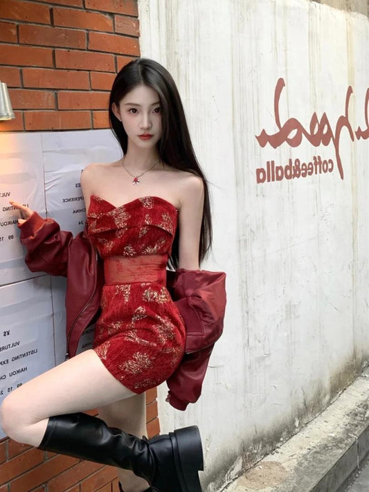 Splendid 2-Piece Set Sweetheart Neck Lace Splicing Mini Skirt With Long Sleeve Leather Jacket Sheath Short Dress AP4082