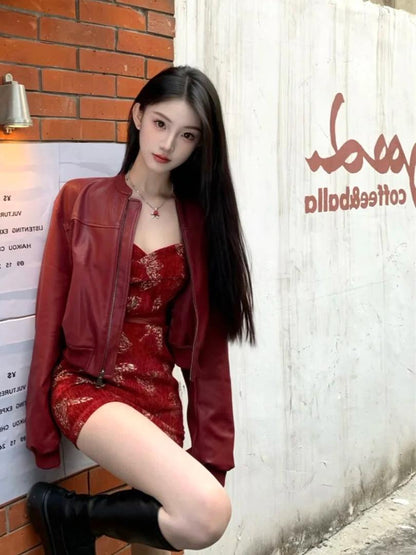 Splendid 2-Piece Set Sweetheart Neck Lace Splicing Mini Skirt With Long Sleeve Leather Jacket Sheath Short Dress AP4082