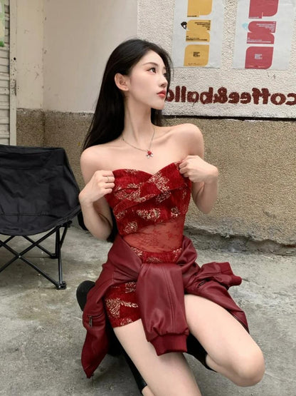 Splendid 2-Piece Set Sweetheart Neck Lace Splicing Mini Skirt With Long Sleeve Leather Jacket Sheath Short Dress AP4082