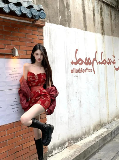 Splendid 2-Piece Set Sweetheart Neck Lace Splicing Mini Skirt With Long Sleeve Leather Jacket Sheath Short Dress AP4082