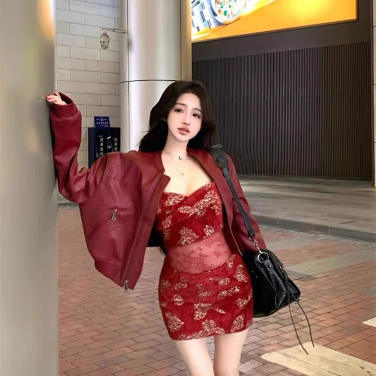Splendid 2-Piece Set Sweetheart Neck Lace Splicing Mini Skirt With Long Sleeve Leather Jacket Sheath Short Dress AP4082