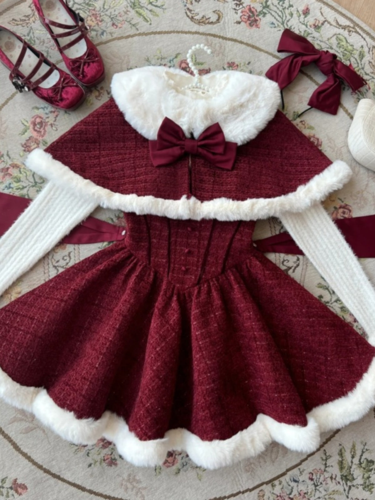 Enticing Jewel Neck Long Sleeve 3-Piece Set Mini Skirt Christmas-Inspired A-Line Fur Trim Bow Red Short Dress AP4083